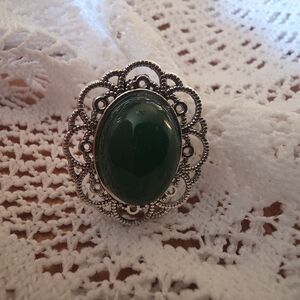 Green Gemstone On Adjustable Silver Tone Bezel Ring, Handmade
